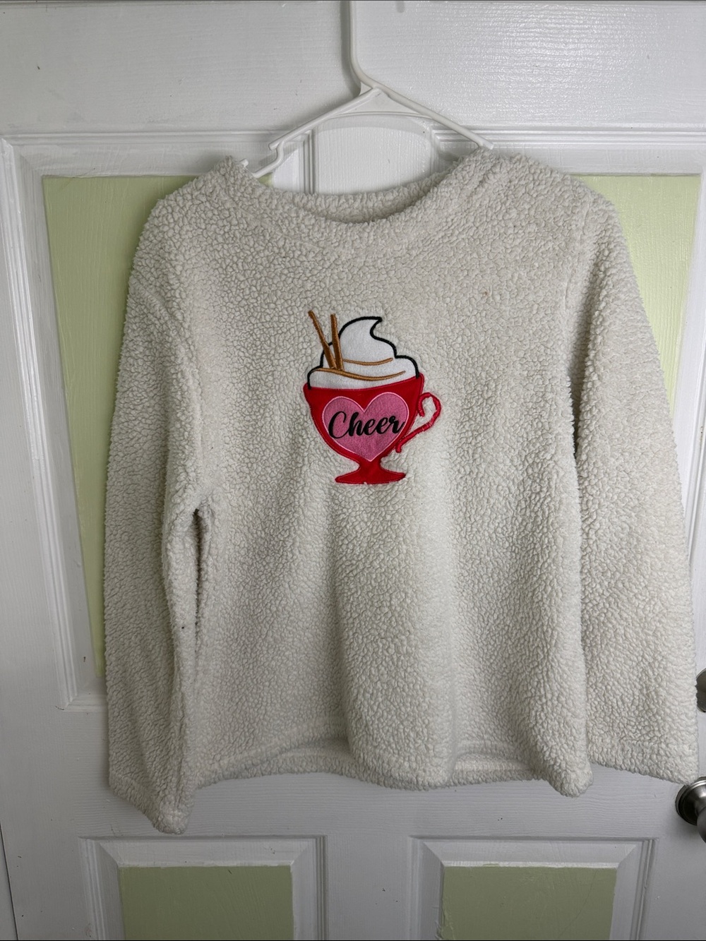 Holiday Time Cream Sherpa Crewneck with Red Cup 'Cheer' Patch
